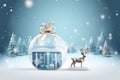 Christmas card, gift bag or box design with snowman and reindeer on the snow globe Royalty Free Stock Photo