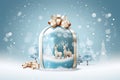 Christmas card, gift bag or box design with snowman and reindeer on the snow globe Royalty Free Stock Photo