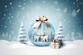 Christmas card, gift bag or box design with snowman and reindeer on the snow globe Royalty Free Stock Photo