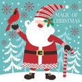 Christmas card design with cute santa candy cane and cardinal bird