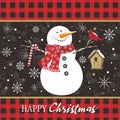Christmas card design with cute snowman, candy cane and cardinal bird