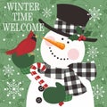 Christmas card design with cute snowman candy cane and red robin
