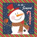 Christmas card design with cute snowman candy cane and robin bird Royalty Free Stock Photo
