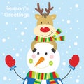 Christmas card design with cute snowman and reindeer and snowflakes Royalty Free Stock Photo