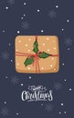 Christmas card with Gift box and handwritten text Merry Christmas. Season greeting. Winter Holiday symbol. Flat vector Royalty Free Stock Photo