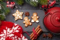 Christmas card with gingerbread cookies and tea Royalty Free Stock Photo