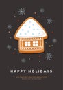 Christmas card with gingerbread house and inscription Happy Holidays.