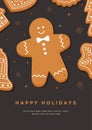 Christmas card with gingerbread man and inscription Happy Holidays.