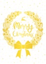 Christmas card gold wreath on white.
