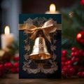 Christmas card with a golden bell, in the background baubles, pine branches and burning candles. Christmas card as a symbol of Royalty Free Stock Photo