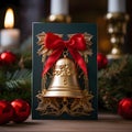 Christmas card with a golden bell, in the background baubles, pine branches and burning candles. Christmas card as a symbol of Royalty Free Stock Photo