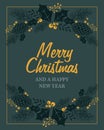 Christmas card. Golden congratulations with an ornament of cones, fir branches and yellow berries. Poster vector