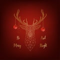 Christmas card with golden deer decorated by balls and text Be merry and bright on red background Royalty Free Stock Photo