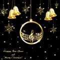 Christmas card with golden musical notes and gold bells Royalty Free Stock Photo