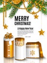 Christmas card with golden wrapped gift boxes. Garland made from fir branches, cinnamon and orange. Vector.