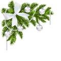 Christmas card. Green branch of fir with erebryannymi balls and ribbon on a white background. Corner. Christmas Royalty Free Stock Photo