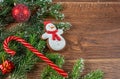 Christmas card, Christmas greetings, background with Christmas tree balls and gingerbread