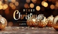 Christmas card greetings with golden decorations, baubles and bokeh. Merry Xmas. Happy New Year. Generative Ai Royalty Free Stock Photo