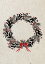 Christmas card with a hand drawing of black wreath of mistletoe, spruce, cinnamon and spices on beige rice paper backgro