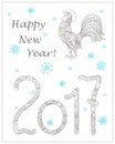 Christmas card with hand drawn decorated 2017 and rooster