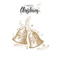 Christmas card with hand drawn doodle golden christmas bells and glitter. Isolated on white. Hand made quote Royalty Free Stock Photo