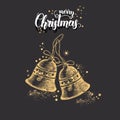 Christmas card with hand drawn doodle golden christmas bells and glitter. Isolated on white. Hand made quote Royalty Free Stock Photo