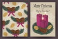 Christmas card with hand drawn fir tree, fir cones, candles.