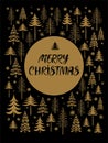 Christmas card with hand drawn lettering Merry Christmas. Winter background with various firs, christmas tree, snow