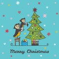 Christmas card with hand drawn owl parent and child decorating a Christmas tree.