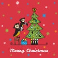 Christmas card with hand drawn owl parent and child decorating a Christmas tree.