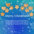 Christmas card with hanging gingerbread stars and hearts. Royalty Free Stock Photo