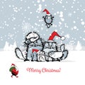 Christmas card with happy cats family Royalty Free Stock Photo