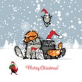 Christmas card with happy cats family Royalty Free Stock Photo