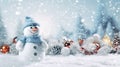 Christmas card with a happy snowman on the background of a blurred Christmas tree, balls, decorations. Snow winter background. Royalty Free Stock Photo