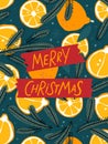 Christmas card. Holiday template with tangerines, fir tree branches and inscription Merry Christmas. Hand Drawn Royalty Free Stock Photo