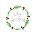 Christmas Card with Holly Berries and Spruce Branches Wreath. Handwriting Christmas Lettering Royalty Free Stock Photo