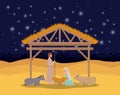Christmas card with holy family and animals in stable Royalty Free Stock Photo