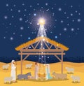 Christmas card with holy family and animals in stable Royalty Free Stock Photo