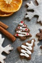 Christmas card. Homemade gingerbread in the form of Christmas trees, drenched with white glaze. Cinnamon sticks and dried orange s Royalty Free Stock Photo