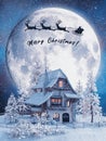 Christmas card with house and full moon Royalty Free Stock Photo