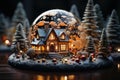 A Christmas card with an illuminated house and trees inside the globe. Concept: the whole world celebrates Christmas