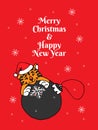 Christmas card illustration cute tiger with Christmas ball