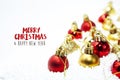 Christmas card, illustration with golden baubles, balls, decorations, ornaments on a silver white background with blurry, blurred Royalty Free Stock Photo