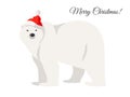 Christmas card. Illustration of white polar bear in Santa red hat isolated on white. Royalty Free Stock Photo