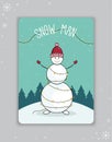 Christmas card with the image of a snowman with a garland, in a hat and mittens. Vector illustration.