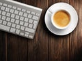 Christmas card. Keyboard, cup of coffee. background Royalty Free Stock Photo