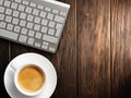 Christmas card. Keyboard, cup of coffee. background Royalty Free Stock Photo