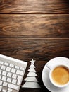 Christmas card. Keyboard, cup of coffee and Christmas tree made of paper Royalty Free Stock Photo