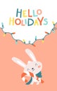 Christmas card with a little bunny with candy. Hello holidays. Vector cartoon illustration in simple childish hand drawn Royalty Free Stock Photo