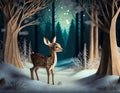 Christmas card with little fawn in snowy forest at winter time, paper cut art, close up Royalty Free Stock Photo